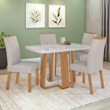 Imagem de Conjunto Sala De Jantar Mesa Easy Pop 120x80cm Tampo Mdf 40mm Com 4 Cadeiras Confort Linho Mosaico Cinza Amêndoa/off