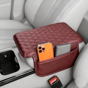 Imagem de Myston Enseada de console central de carro, almofada de couro para apoio de braço, 2 bolsas de armazenamento, almofada de caixa de assento de apoio de braço, protetor de acessórios interiores de carro