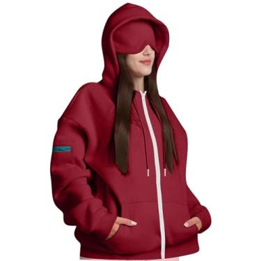 Imagem de Deevoka Jaqueta feminina com capuz e máscara de dormir integrada, ideal para primavera e outono, com bolso no braço, Vermelho