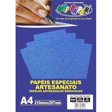 Imagem de Papel Glitter Metálico Off Paper A4 250 g/m² – Cor Azul Celeste – Pacote com 10 Folhas – Brilho Premium para Artesanato e Convites