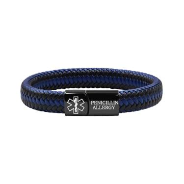 Imagem de Oneress Pulseira de alerta médico para homens e mulheres, pulseira preta com fecho de aço inoxidável para identificação de emergência, pulseira de couro PU com informações de saúde YA5551, Waterproof