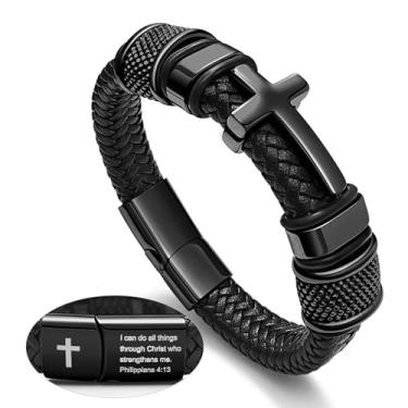 Imagem de Pulseira masculina de cruz preta, pulseira de couro trançado de aço inoxidável Filipenses 4:13 com versículo da Bíblia Jesus presente de fé inspiradora para pai, irmão, filho, presentes de confirmação