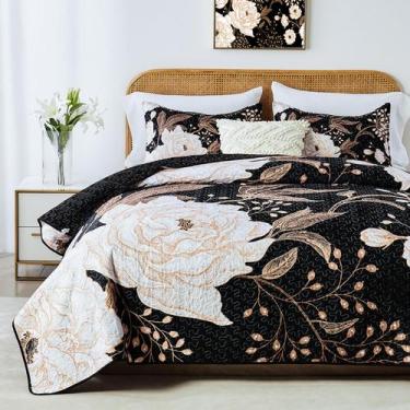 Imagem de Conjunto de edredões Yogeneg Full/Queen Size Branco Ouro Floral Preto