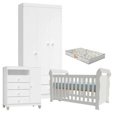 Imagem de Quarto De Bebê 3 Portas Ternura Baby Com Berço Lara Branco Brilho Com Colchão Gazin - Incorplac