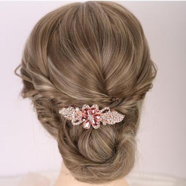 Imagem de Chargances Grampo de cabelo francês com strass de flor para noivas, presilhas de cabelo de cristal rosa para casamento, presilhas de cabelo deslizantes, acessórios de cabelo para mulheres (rosa)