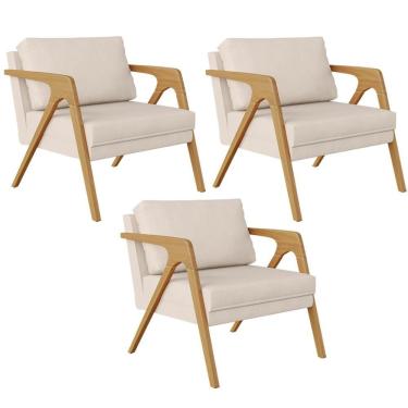 Imagem de Kit 03 Poltronas Pietra Estrutura De Madeira L02 Suede Bege
