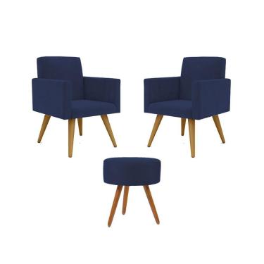 Imagem de Jogo 02 Poltronas Decorativas + Puff Redondo Oferta Cor: Azul Marinho