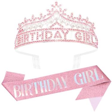 Imagem de Coroa e faixa de aniversário rosa, tiara de aniversário de pérola, conjunto de decorações de aniversário rosa, tiara de coroa de princesa para mulheres e meninas