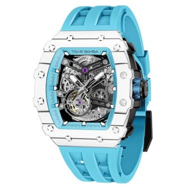 Imagem de TSAR BOMBA Relógios mecânicos automáticos masculinos de luxo, movimento japonês, vidro de safira, à prova d'água, 50 m, pulseira de silicone, presentes elegantes para homens, Fibra de carbono nova