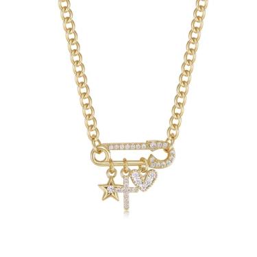 Imagem de TANTIUE Colar com pingente de clipe de papel para mulheres banhado a ouro 14K com clipe de papel de zircônia cúbica sol/cruz/concha/tartaruga/coração/pingente de estrela com corrente cubana joias