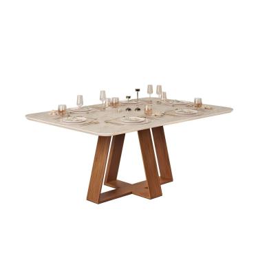 Imagem de Mesa Kiara Tampo Chanfrado Curvo Madeira Freijó Com Quartzo