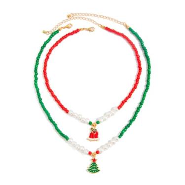 Imagem de Colar de árvore de Natal para mulheres, Papai Noel, Rena, Sino, Pingente, Vermelho, Verde, Miçangas, Colares de Pérolas de Natal, Presentes de Natal, Large, Metal, Sem Pedra Preciosa