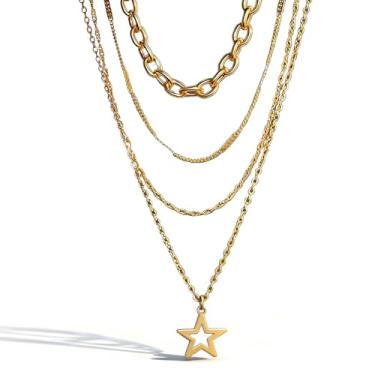 Imagem de Zurlcdye Colares de estrelas em camadas para mulheres, pingente de estrela de ouro grosso, corrente delicada, colares modernos, joias de aniversário, acessórios para presentes, Zinco, Sem Pedra