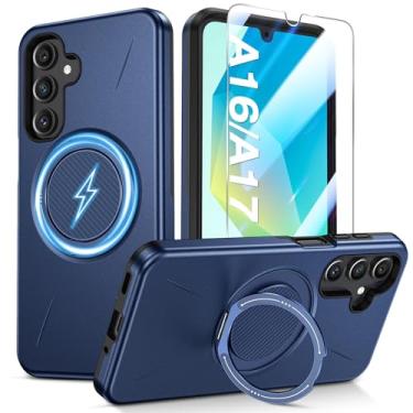 Imagem de Capa para celular Samsung Galaxy A16/A17 5G com anel de suporte de 360° e protetor de tela de vidro temperado [compatível com MagSafe], capa bumper à prova de choque de policarbonato e TPU de camada