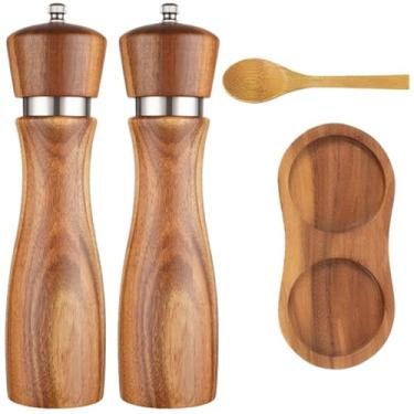 Imagem de Moedor de pimenta de 20 cm, madeira de acácia com anel de aço, conjunto de moedor de sal e pimenta com base e colher, presente refinado para chefs e padeiros domésticos