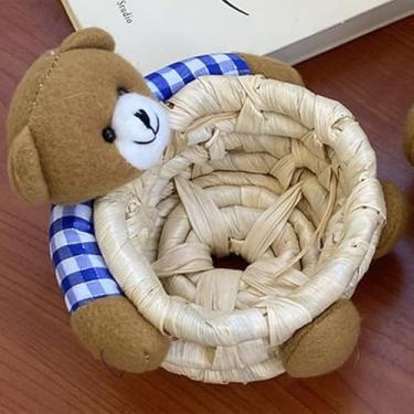 Imagem de Cesta de armazenamento de palha, cesta de armazenamento de urso fofo de desenho animado, caixa de cesto de cubo multifuncional criativa para escritório, quarto, cafeteria, mesa de restaurante (P)
