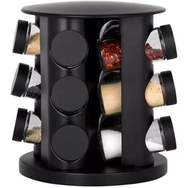 Imagem de Porta Temperos Giratório com 9 Potes de Vidro, Suporte em Preto, Base Giratória para Condimentos e Especiarias, Organizador de Cozinha