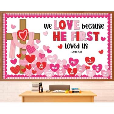 Imagem de Quadro de avisos de Jesus Cristão Dia dos Namorados, decoração religiosa, versículo da Bíblia, decorações de sala de aula, recortes de papel com estampa de cruz de coração para igreja, domingo, escola