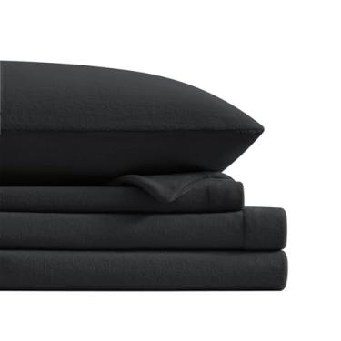 Imagem de Petrichor Jogo de cama queen de lã de flanela preto – Roupa de cama de pelúcia antiestática ultra macia, 4 peças (1 lençol com elástico 203 x 152 x 40 cm, 1 lençol de cima 262 x 201 cm, 2 fronhas 76 x