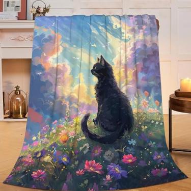 Imagem de Manta de gato preto fofo anime gato flanela cobertor paisagem selvagem pelúcia super macio aconchegante decoração quente presentes para meninos meninas adultos homens mulheres 101,6 cm x 127 cm