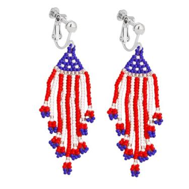 Imagem de Brincos com clipe de bandeira americana, não perfurados, coração com contas, com pingente de bandeira de estrela, brincos patrióticos para mulheres, feitos à mão, Dia da Independência, 4 de julho