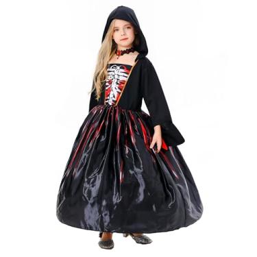 Imagem de OTUIZEM Fantasia de bruxa para meninas, fantasia de bruxa de Halloween com colar, fantasia de vampiro infantil cosplay de Halloween, Estilo A, S (4-5Y)