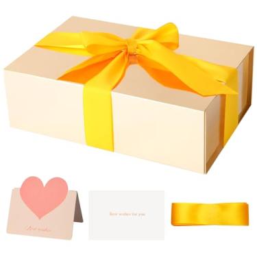 Imagem de ZUVYRO Caixa de presente dourada 28 x 7,5 x 9 cm, caixa de presente magnética brilhante com tampa para presente contém fita alargada de 3,5 cm, papel pautado, cartão para Natal, Dia dos Namorados,