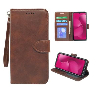 Imagem de YAJOJO Capa carteira T-Mobile Revvl 8 com porta-cartão, capa protetora de couro PU premium para T-Mobile Revvl 8, [suporte] [alça de pulso] [fecho magnético], marrom