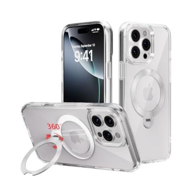 Imagem de Yunjews Capa para iPhone 16 Pro Max, com suporte giratório invisível, compatível com MagSafe, suporte de anel magnético de 360°, capa protetora fina e transparente à prova de choque de grau militar de