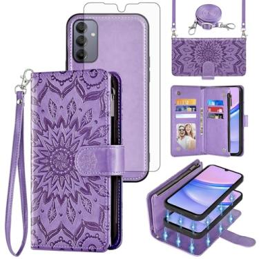 Imagem de Asuwish Capa de celular para Samsung Galaxy A15 5G/4G Carteira com zíper magnética destacável com protetor de tela alça transversal alça de flor flip porta-cartão A 15 G5 15A mulheres homens roxo