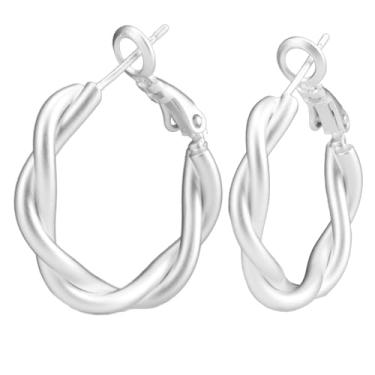 Imagem de Brincos Argola Prata Fosca para Mulheres, Brincos Argola Torcidos Estilosos Joias Metal Leves Presente Amigo da Pele