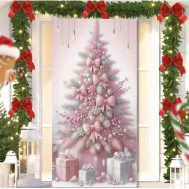 Imagem de Capa para Porta Feliz Natal Rosa com Elástico – Painel Decorativo Feliz Papai Noel Tecido Premiun (2,10 Cms X 0,85 Cms) (25)