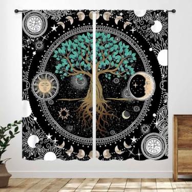 Imagem de Cortina árvore da vida, lua gótica, sol, estrelas, natureza, plantas, mistério, fases da lua, bruxa, tarô, tratamentos para quarto, sala de estar, cozinha, banheiro, 53 cm L x 114 cm, conjunto de 2