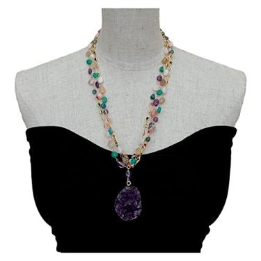 Imagem de Acessórios de moda Multi Semipreciosos Quartzos Rosário Corrente Colar Ametista Pingente Drusa 58,4 cm