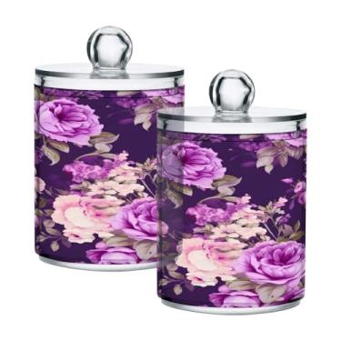 Imagem de ATTX Dispensador de suporte Qtip de rosas roxas para bola de algodão, cotonete, frasco de boticário de plástico transparente, pote de armazenamento de cozinha para decoração de casa, pacote com 2 (305