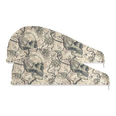 Imagem de SEHANY Toalha de cabelo de microfibra rosa e caveira para mulheres, 2 peças, turbantes de cabelo de secagem rápida com botão, touca de cabelo seco absorvente toalha de secagem de cabelo para cabelos