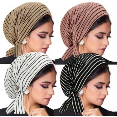 Imagem de Qianmome 4 peças de turbante listrado moderno para mulheres muçulmanas hijab islâmicas quimioterapia cachecol de cabeça para mulheres lenço hijab, 4 peças, estilo C, M