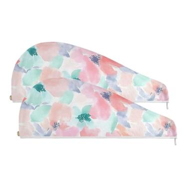 Imagem de SEHANY Toalha de cabelo de microfibra de flores coloridas elegantes para mulheres, 2 peças, turbantes de cabelo de secagem rápida com botão, touca de cabelo seco absorvente toalha de secagem de cabelo