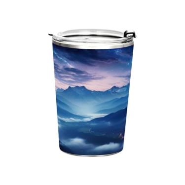 Imagem de Blueangle Copo de 340 g com tampa e canudo, copo de café com água isolada a vácuo de aço inoxidável, caneca de viagem Space Mountains, copo térmico para bebidas quentes e frias(99)