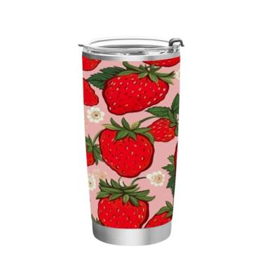 Imagem de Blueangle Copo de 590 ml com tampa e canudo, copo de café com água isolada a vácuo de aço inoxidável, caneca de viagem com padrão de morango, copo térmico para bebidas quentes e frias (104)