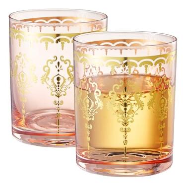 Imagem de Khen Copos de vidro marroquino rosa | Conjunto de 2 | Copos decorativos vintage ornamentados dourados, utensílios de bar com padrão boêmio retrô para água, uísque, coquetel, chá gelado, utensílios