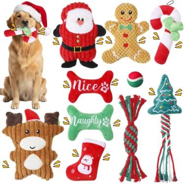 Imagem de Soulchen Pacote com 10 brinquedos de Natal para cachorrinhos de pelúcia para cães pequenos e médios duráveis para mastigar com papai noel, rena, boneco de neve, animal de estimação interativo para