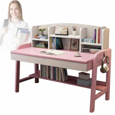 Imagem de Mesa de madeira Soild para computador com cabana, mesa de trabalho para escritório em casa com prateleiras de gaveta, mesa de escritório em casa, mesa de estudo, para espaço pequeno, laptop