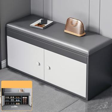Imagem de Yadlan Banco de armazenamento de sapatos de entrada, banco de sapatos com porta, prateleiras removíveis, armário de sapatos com almofada acolchoada, banco organizador de sapatos para corredor, mudroom