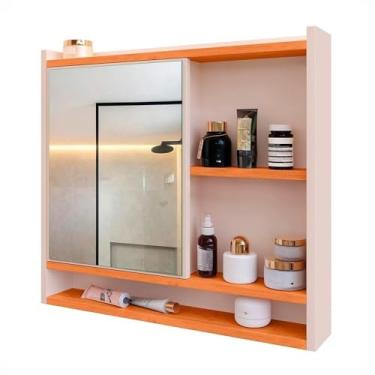 Imagem de Armário De Banheiro Aéreo Espelheira 1 Porta com Nicho, Espelho Armário Organizador para Parede, Nicho de Armazenamento para Produtos de Higiene(AQUA - OFF WHITE/CINAMOMO)