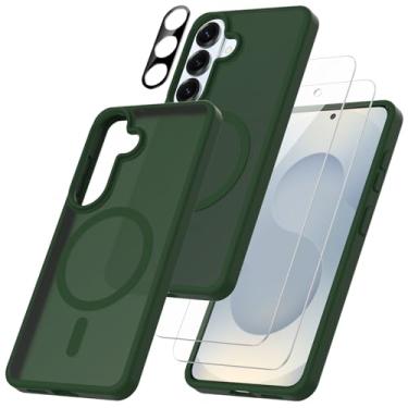 Imagem de Capa magnética para Samsung Galaxy S26 5G com 2 películas de vidro temperado com 1 protetor de lente de câmera fosco translúcido à prova de choque (verde)