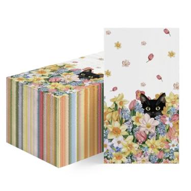 Imagem de Horaldaily 100 guardanapos decorativos de papel descartáveis de primavera verão, toalha de mão de gato fofo e flores para festa, almoço, jantar, cozinha, banheiro, decoração