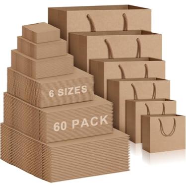 Imagem de Zhehao Pacote com 60 sacos de presente de papel kraft com alças a granel 5,9/7,5/9,4/11,8/13,8/15,7 polegadas sacos de compras de embrulho de presente de Natal para festa de aniversário e varejo de