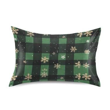 Imagem de Wassud Fronha de cetim para cabelo e pele flocos de neve xadrez verde seda lisa fronhas de travesseiro tamanho padrão respiráveis capas de travesseiro com fecho de envelope