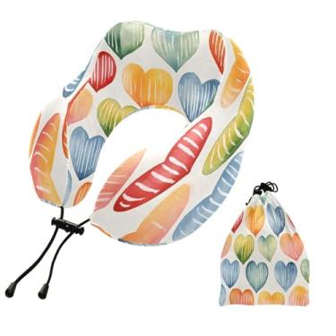 Imagem de CEBUGI Travesseiros de viagem portáteis em forma de U, travesseiro de pescoço de espuma viscoelástica com trava de corda ajustável para avião, viagem, trem, negócios, escritório, soneca (corações